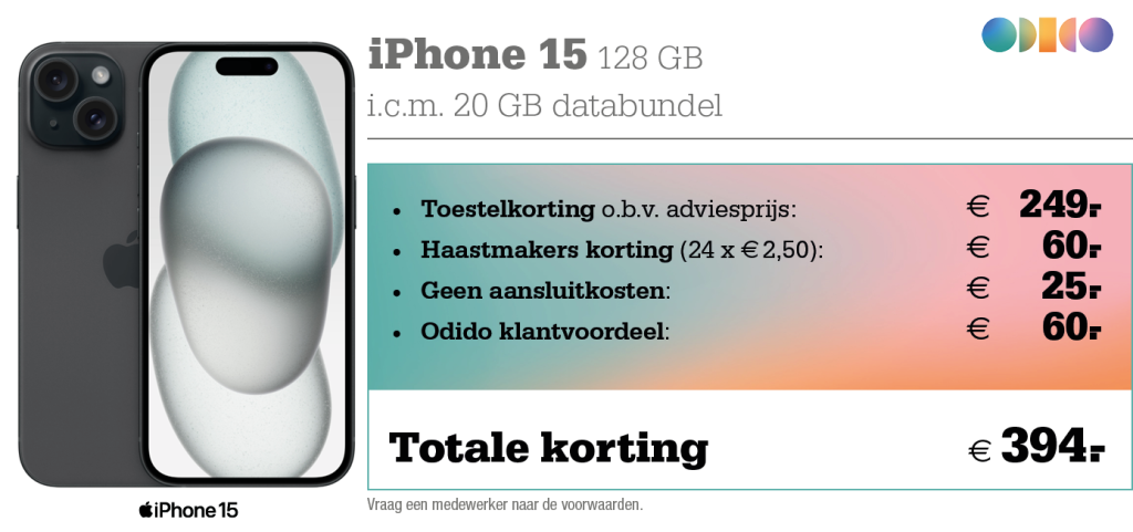 iPhone 15 aanbieding Odido, T-Mobile, Tele2