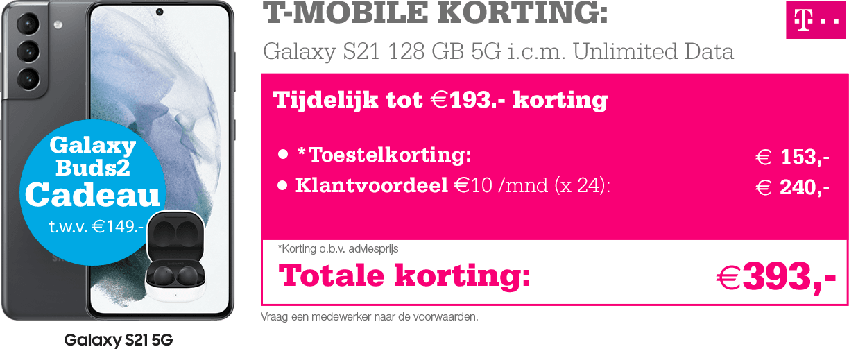 Samsung Galaxy S21, nu extra korting icm T-Mobile