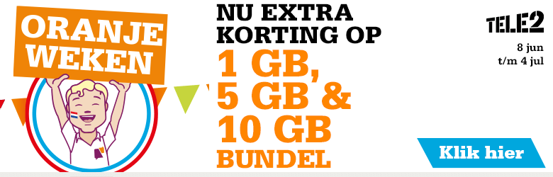 Oranjeweken Tele2 korting 1GB, 5GB en 10GB