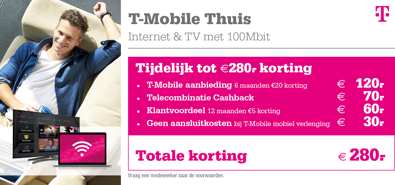 T-Mobile Thuis Internet en TV: Nu met € 70 cashback bij Telecombinatie