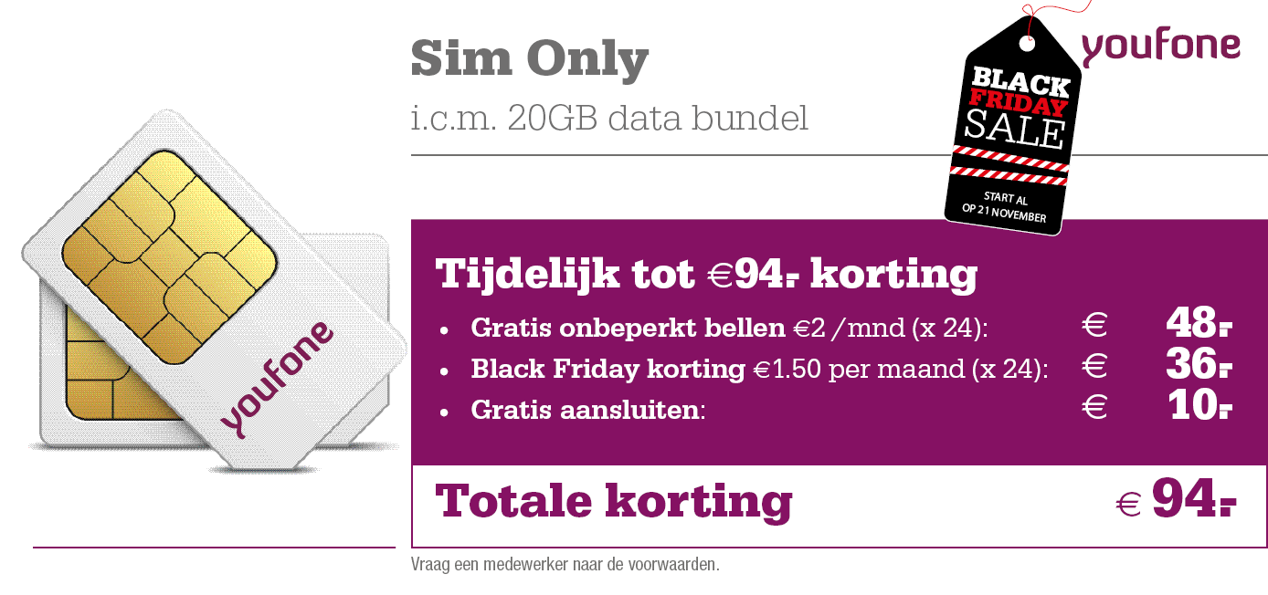 kortingstabel black friday Youfone Sim Only 20GB