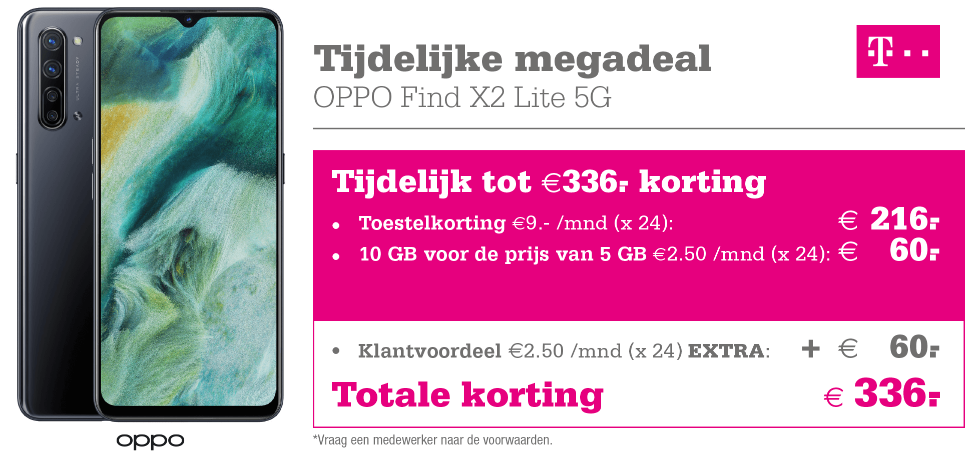 Nu tot €336,- korting op de OPPO Find X2 Lite 5G i.c.m. T-Mobile