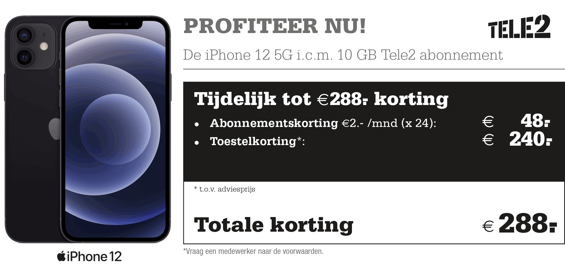 Tele2 Apple iPhone 12 €288,- korting