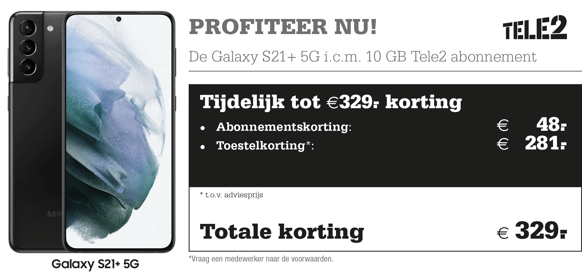 Tele2 Samsung Galaxy S21 €329,- korting