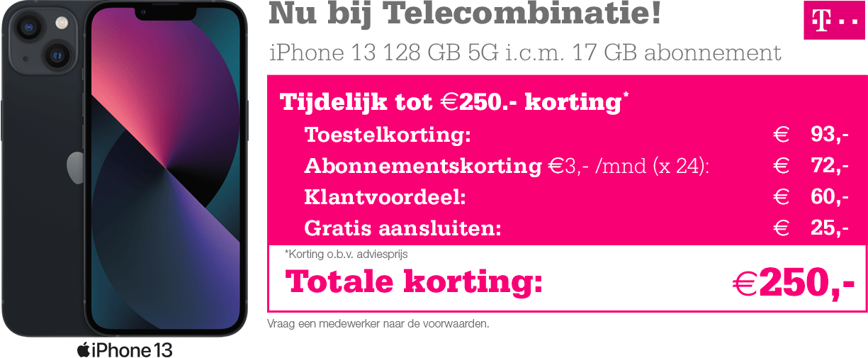 Telecombinatie iPhone 13 T-Mobile 250 korting