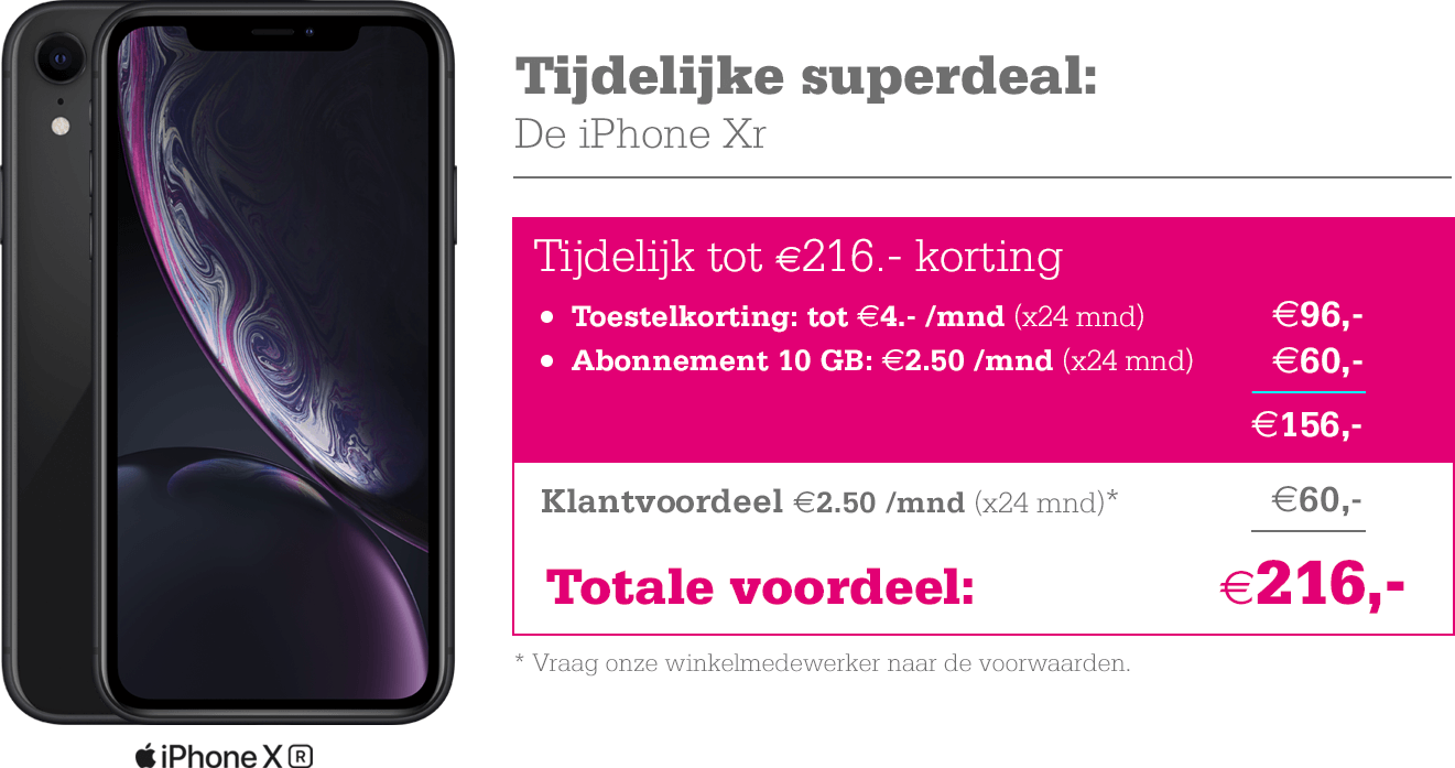 Tot €216,- korting op de iPhone Xr i.c.m. T-Mobile!