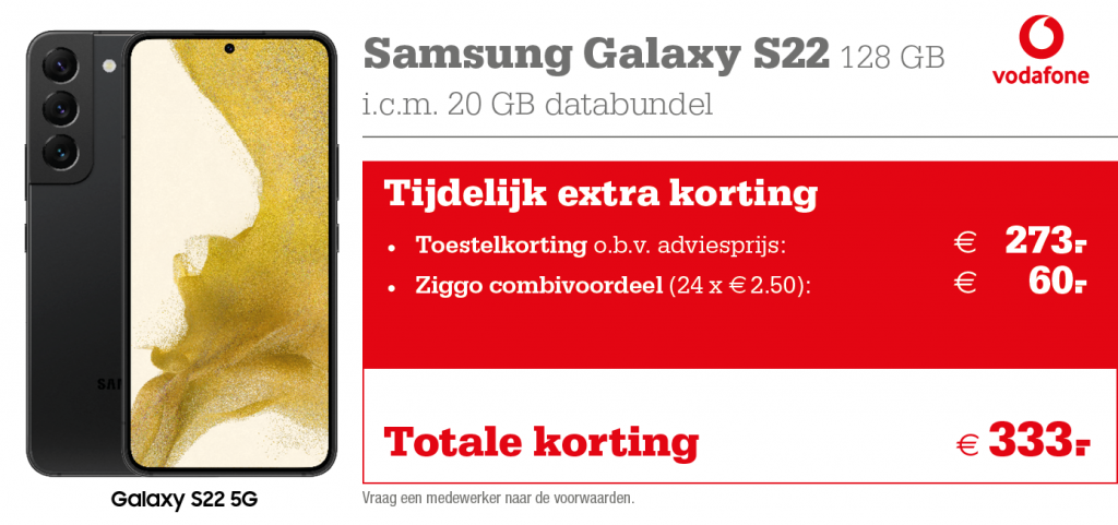 Vodafone Samsung Galaxy S22 kortingstabel 