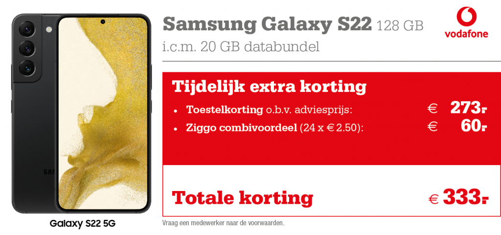 Vodafone Samsung Galaxy S22 kortingstabel