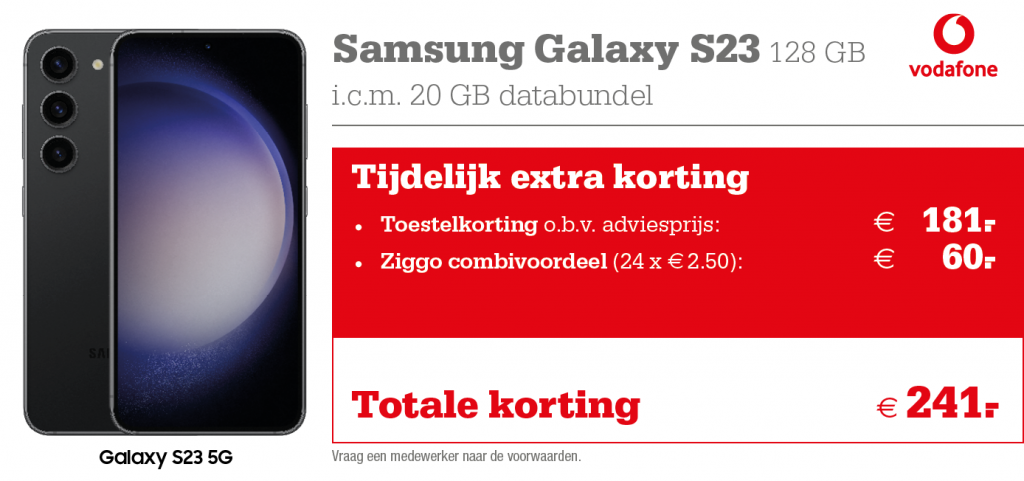 Vodafone Samsung Galaxy S23 kortingstabel 
