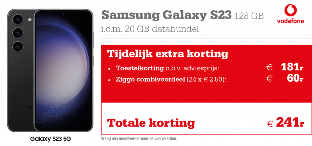 Vodafone Samsung Galaxy S23 kortingstabel