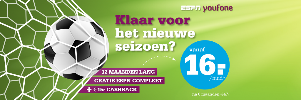 Nu GRATIS 12 maanden ESPN Compleet + tot €15 Cashback bij Youfone