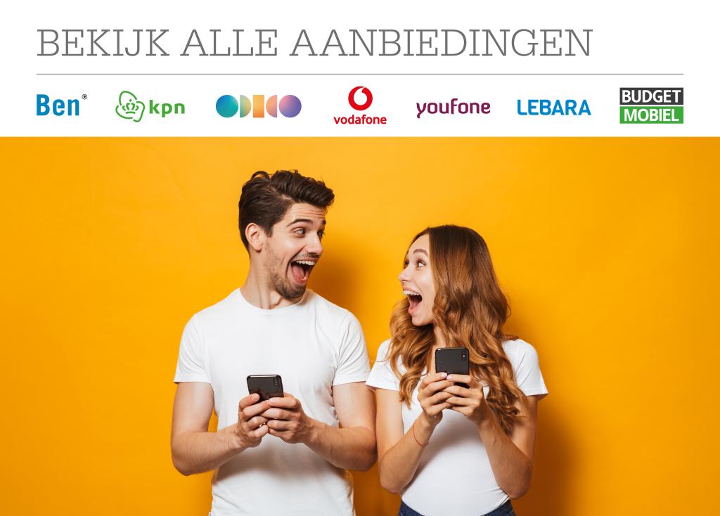 Alle acties van Odido, KPN, Vodafone, Ben, Youfone, Lebara, Ziggo en Budget Mobiel bij Telecombinatie