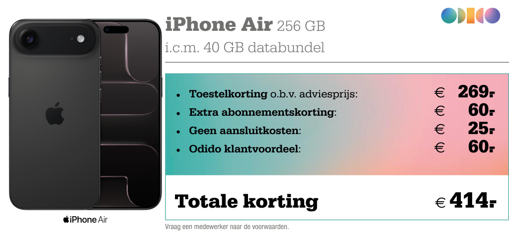 Krijg nu tot €414 korting met de iPhone Air bij Odido!